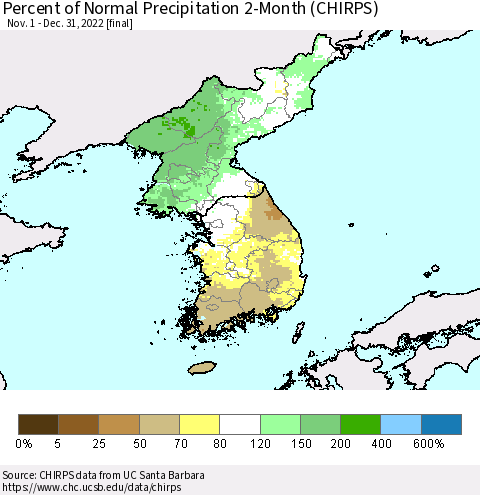 Korea Percent of Normal Precipitation 2-Month (CHIRPS) Thematic Map For 11/1/2022 - 12/31/2022