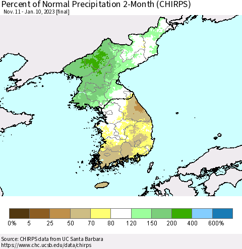 Korea Percent of Normal Precipitation 2-Month (CHIRPS) Thematic Map For 11/11/2022 - 1/10/2023