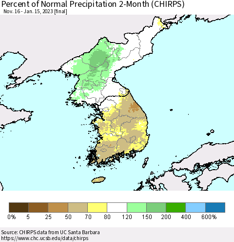Korea Percent of Normal Precipitation 2-Month (CHIRPS) Thematic Map For 11/16/2022 - 1/15/2023