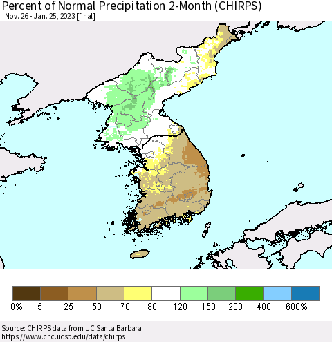 Korea Percent of Normal Precipitation 2-Month (CHIRPS) Thematic Map For 11/26/2022 - 1/25/2023