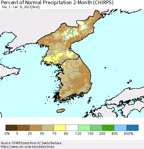 Korea Percent of Normal Precipitation 2-Month (CHIRPS) Thematic Map For 12/1/2022 - 1/31/2023