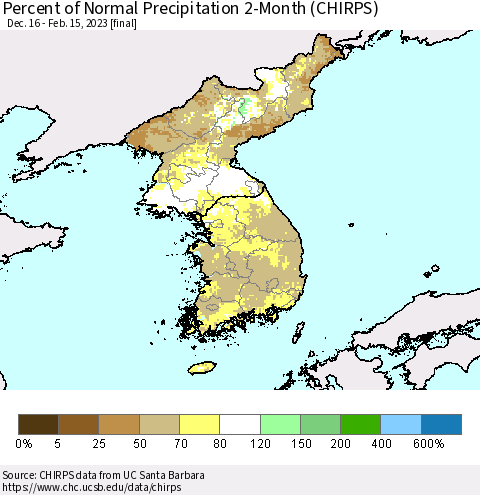 Korea Percent of Normal Precipitation 2-Month (CHIRPS) Thematic Map For 12/16/2022 - 2/15/2023