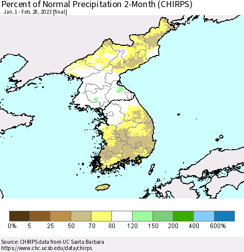 Korea Percent of Normal Precipitation 2-Month (CHIRPS) Thematic Map For 1/1/2023 - 2/28/2023