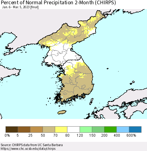 Korea Percent of Normal Precipitation 2-Month (CHIRPS) Thematic Map For 1/6/2023 - 3/5/2023