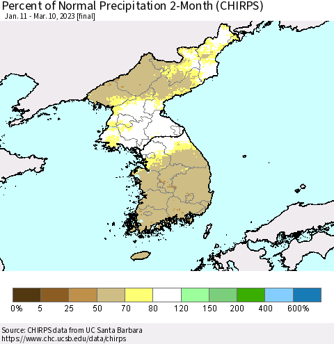 Korea Percent of Normal Precipitation 2-Month (CHIRPS) Thematic Map For 1/11/2023 - 3/10/2023