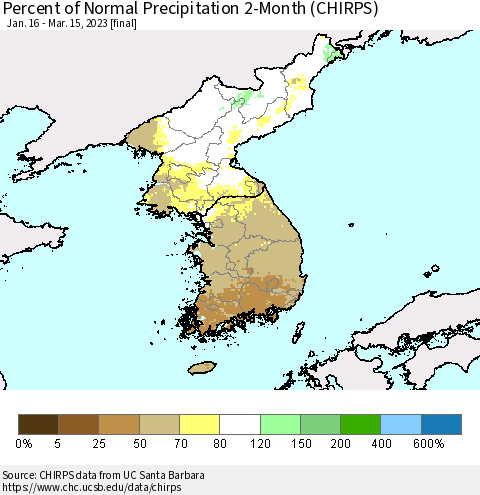 Korea Percent of Normal Precipitation 2-Month (CHIRPS) Thematic Map For 1/16/2023 - 3/15/2023