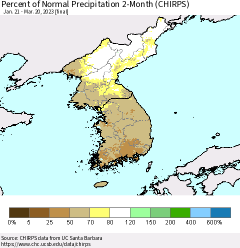 Korea Percent of Normal Precipitation 2-Month (CHIRPS) Thematic Map For 1/21/2023 - 3/20/2023
