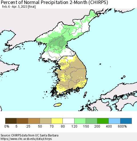 Korea Percent of Normal Precipitation 2-Month (CHIRPS) Thematic Map For 2/6/2023 - 4/5/2023