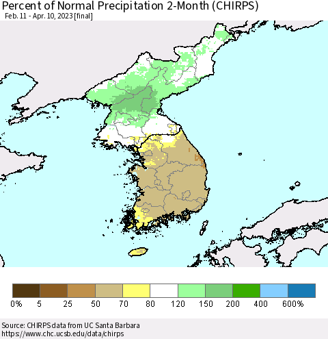 Korea Percent of Normal Precipitation 2-Month (CHIRPS) Thematic Map For 2/11/2023 - 4/10/2023