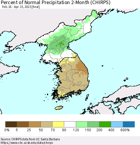 Korea Percent of Normal Precipitation 2-Month (CHIRPS) Thematic Map For 2/16/2023 - 4/15/2023