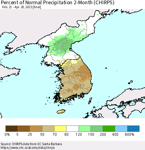 Korea Percent of Normal Precipitation 2-Month (CHIRPS) Thematic Map For 2/21/2023 - 4/20/2023
