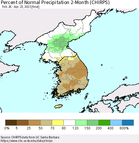 Korea Percent of Normal Precipitation 2-Month (CHIRPS) Thematic Map For 2/26/2023 - 4/25/2023