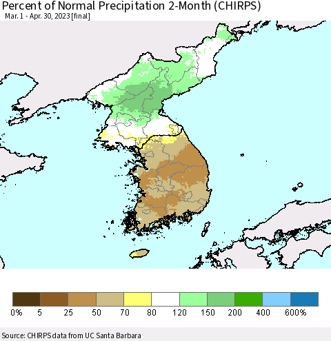 Korea Percent of Normal Precipitation 2-Month (CHIRPS) Thematic Map For 3/1/2023 - 4/30/2023