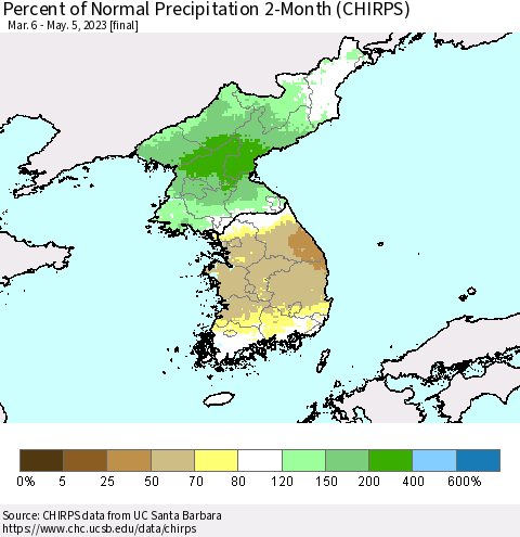 Korea Percent of Normal Precipitation 2-Month (CHIRPS) Thematic Map For 3/6/2023 - 5/5/2023