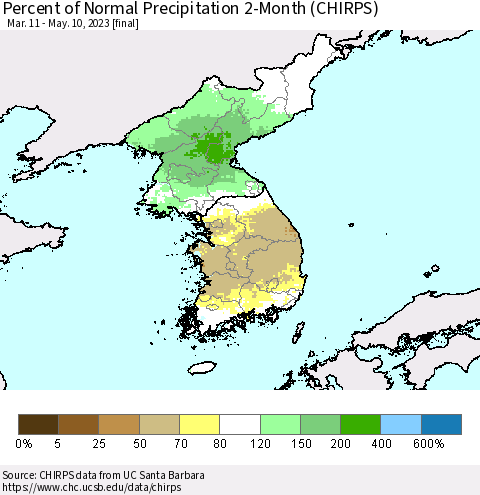 Korea Percent of Normal Precipitation 2-Month (CHIRPS) Thematic Map For 3/11/2023 - 5/10/2023