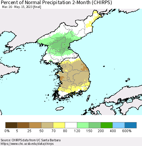 Korea Percent of Normal Precipitation 2-Month (CHIRPS) Thematic Map For 3/16/2023 - 5/15/2023