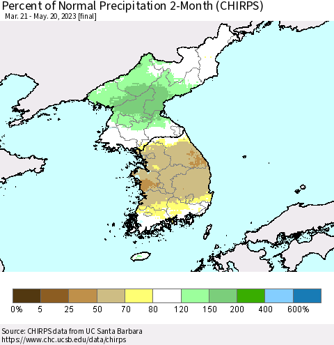 Korea Percent of Normal Precipitation 2-Month (CHIRPS) Thematic Map For 3/21/2023 - 5/20/2023