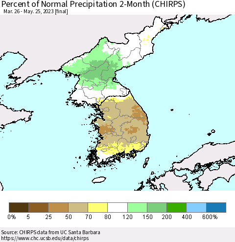 Korea Percent of Normal Precipitation 2-Month (CHIRPS) Thematic Map For 3/26/2023 - 5/25/2023