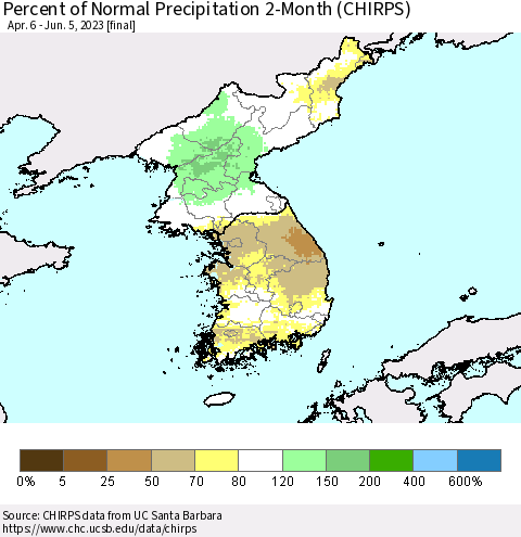 Korea Percent of Normal Precipitation 2-Month (CHIRPS) Thematic Map For 4/6/2023 - 6/5/2023