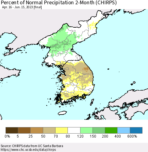 Korea Percent of Normal Precipitation 2-Month (CHIRPS) Thematic Map For 4/16/2023 - 6/15/2023