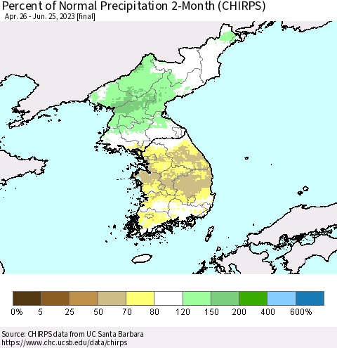 Korea Percent of Normal Precipitation 2-Month (CHIRPS) Thematic Map For 4/26/2023 - 6/25/2023