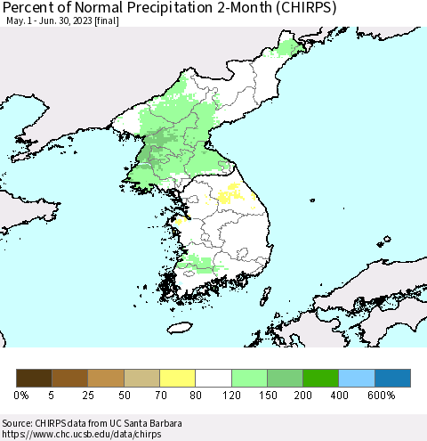 Korea Percent of Normal Precipitation 2-Month (CHIRPS) Thematic Map For 5/1/2023 - 6/30/2023