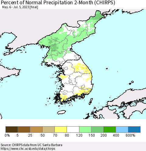 Korea Percent of Normal Precipitation 2-Month (CHIRPS) Thematic Map For 5/6/2023 - 7/5/2023