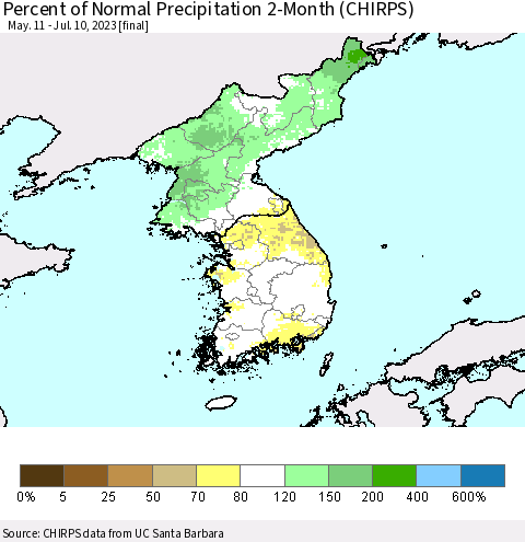 Korea Percent of Normal Precipitation 2-Month (CHIRPS) Thematic Map For 5/11/2023 - 7/10/2023