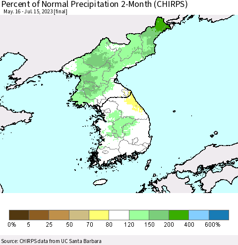 Korea Percent of Normal Precipitation 2-Month (CHIRPS) Thematic Map For 5/16/2023 - 7/15/2023