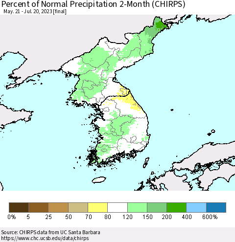 Korea Percent of Normal Precipitation 2-Month (CHIRPS) Thematic Map For 5/21/2023 - 7/20/2023