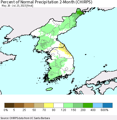 Korea Percent of Normal Precipitation 2-Month (CHIRPS) Thematic Map For 5/26/2023 - 7/25/2023