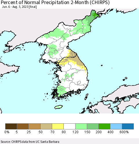 Korea Percent of Normal Precipitation 2-Month (CHIRPS) Thematic Map For 6/6/2023 - 8/5/2023