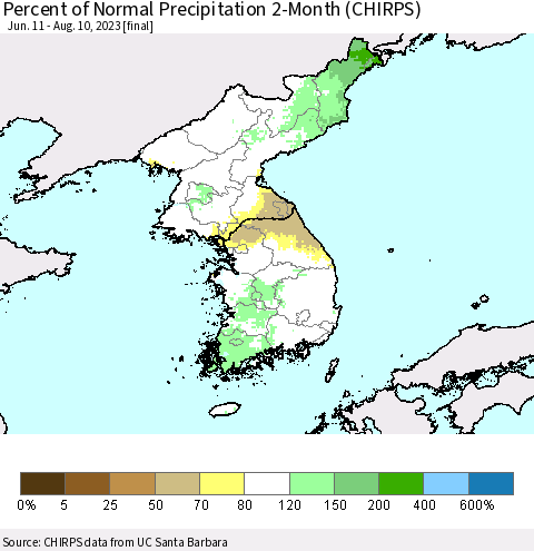 Korea Percent of Normal Precipitation 2-Month (CHIRPS) Thematic Map For 6/11/2023 - 8/10/2023