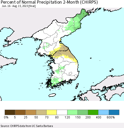 Korea Percent of Normal Precipitation 2-Month (CHIRPS) Thematic Map For 6/16/2023 - 8/15/2023