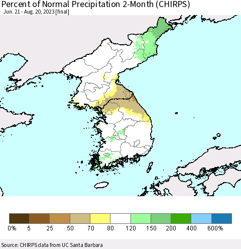 Korea Percent of Normal Precipitation 2-Month (CHIRPS) Thematic Map For 6/21/2023 - 8/20/2023