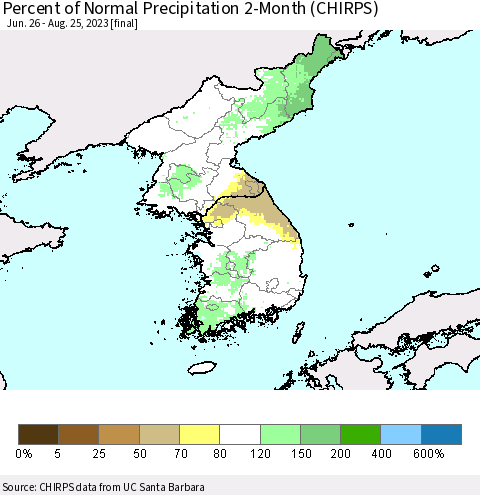 Korea Percent of Normal Precipitation 2-Month (CHIRPS) Thematic Map For 6/26/2023 - 8/25/2023