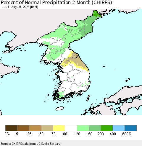 Korea Percent of Normal Precipitation 2-Month (CHIRPS) Thematic Map For 7/1/2023 - 8/31/2023