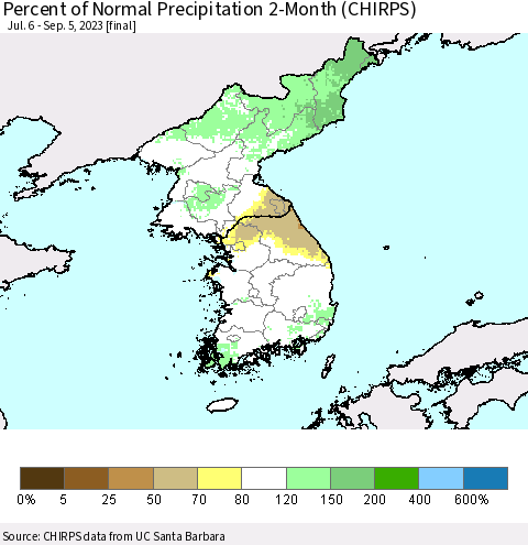 Korea Percent of Normal Precipitation 2-Month (CHIRPS) Thematic Map For 7/6/2023 - 9/5/2023