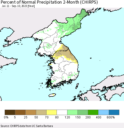 Korea Percent of Normal Precipitation 2-Month (CHIRPS) Thematic Map For 7/11/2023 - 9/10/2023