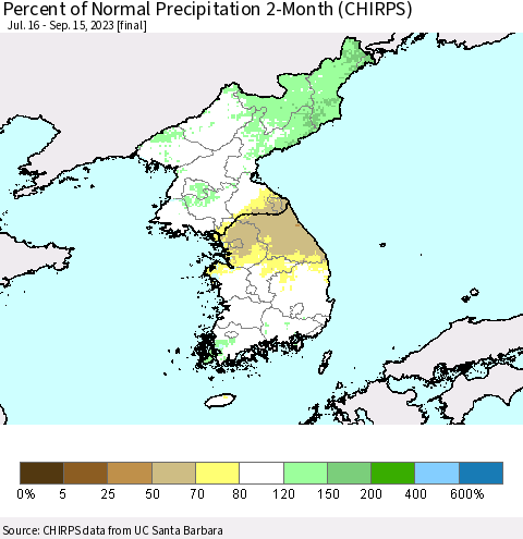Korea Percent of Normal Precipitation 2-Month (CHIRPS) Thematic Map For 7/16/2023 - 9/15/2023