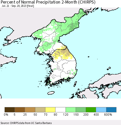 Korea Percent of Normal Precipitation 2-Month (CHIRPS) Thematic Map For 7/21/2023 - 9/20/2023