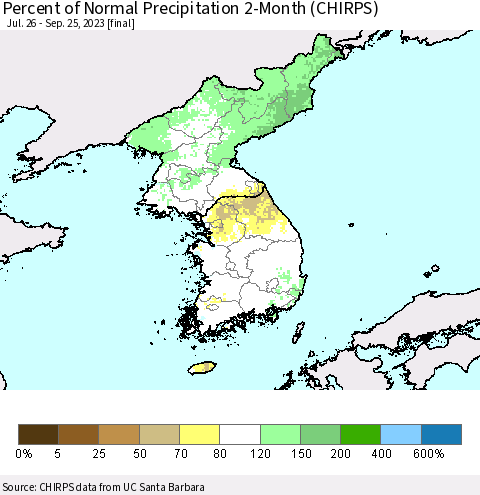 Korea Percent of Normal Precipitation 2-Month (CHIRPS) Thematic Map For 7/26/2023 - 9/25/2023