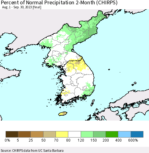 Korea Percent of Normal Precipitation 2-Month (CHIRPS) Thematic Map For 8/1/2023 - 9/30/2023