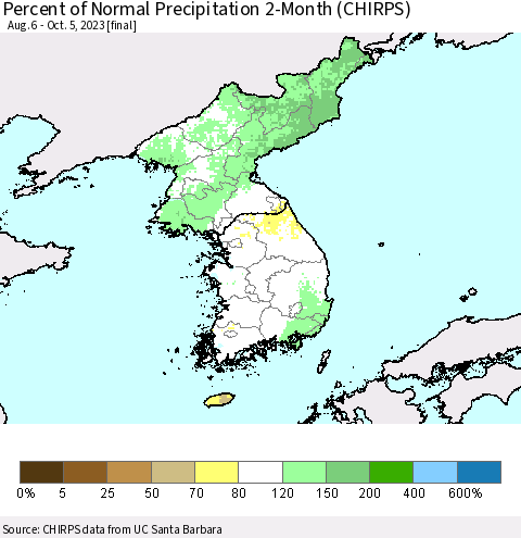 Korea Percent of Normal Precipitation 2-Month (CHIRPS) Thematic Map For 8/6/2023 - 10/5/2023