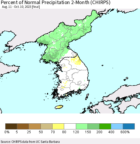 Korea Percent of Normal Precipitation 2-Month (CHIRPS) Thematic Map For 8/11/2023 - 10/10/2023