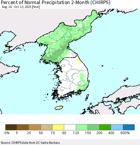 Korea Percent of Normal Precipitation 2-Month (CHIRPS) Thematic Map For 8/16/2023 - 10/15/2023