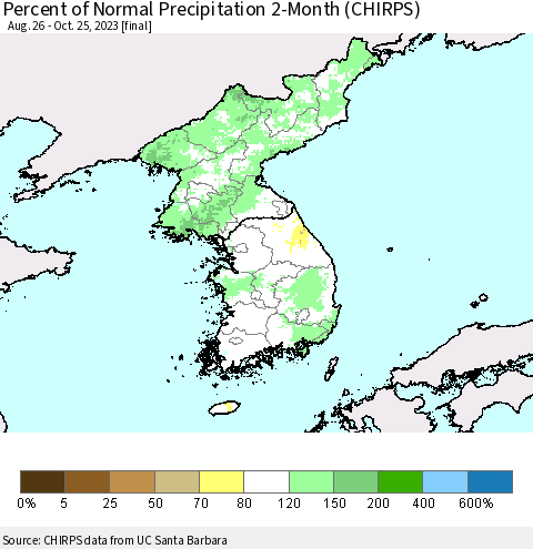Korea Percent of Normal Precipitation 2-Month (CHIRPS) Thematic Map For 8/26/2023 - 10/25/2023