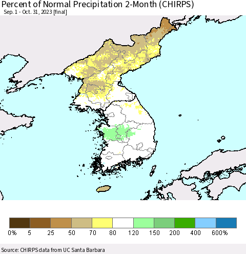 Korea Percent of Normal Precipitation 2-Month (CHIRPS) Thematic Map For 9/1/2023 - 10/31/2023