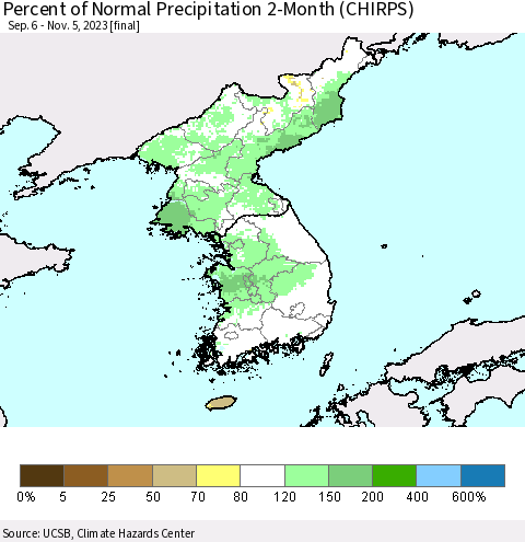 Korea Percent of Normal Precipitation 2-Month (CHIRPS) Thematic Map For 9/6/2023 - 11/5/2023