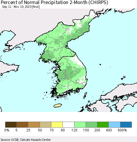 Korea Percent of Normal Precipitation 2-Month (CHIRPS) Thematic Map For 9/11/2023 - 11/10/2023